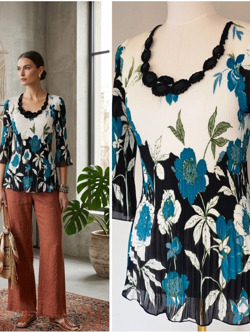 Vintage Nicola Crinkle Pleated Floral Bell Sleeve Crochet Beaded Blouse Size 8